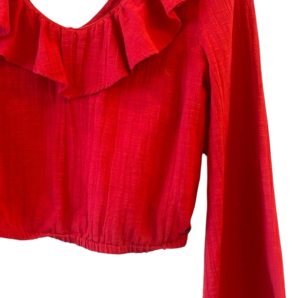 Roxy Red Ruffle Long Wide Sleeves Cropped Elastic Top Small - Picture 2 of 7